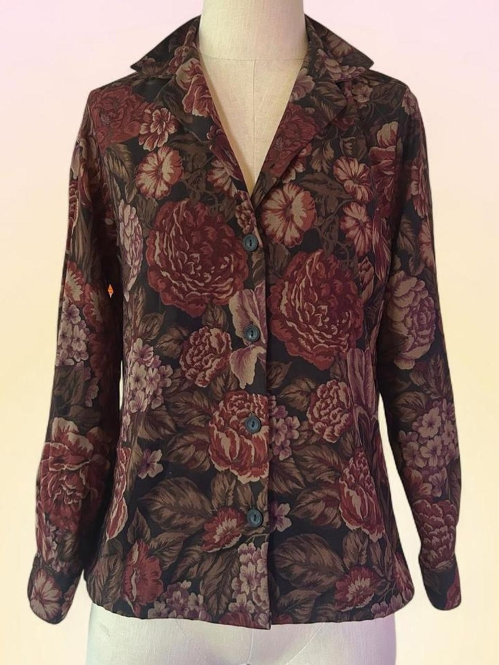 Vintage 90s Brown Floral Button-Front Blouse/Shirt Jacket